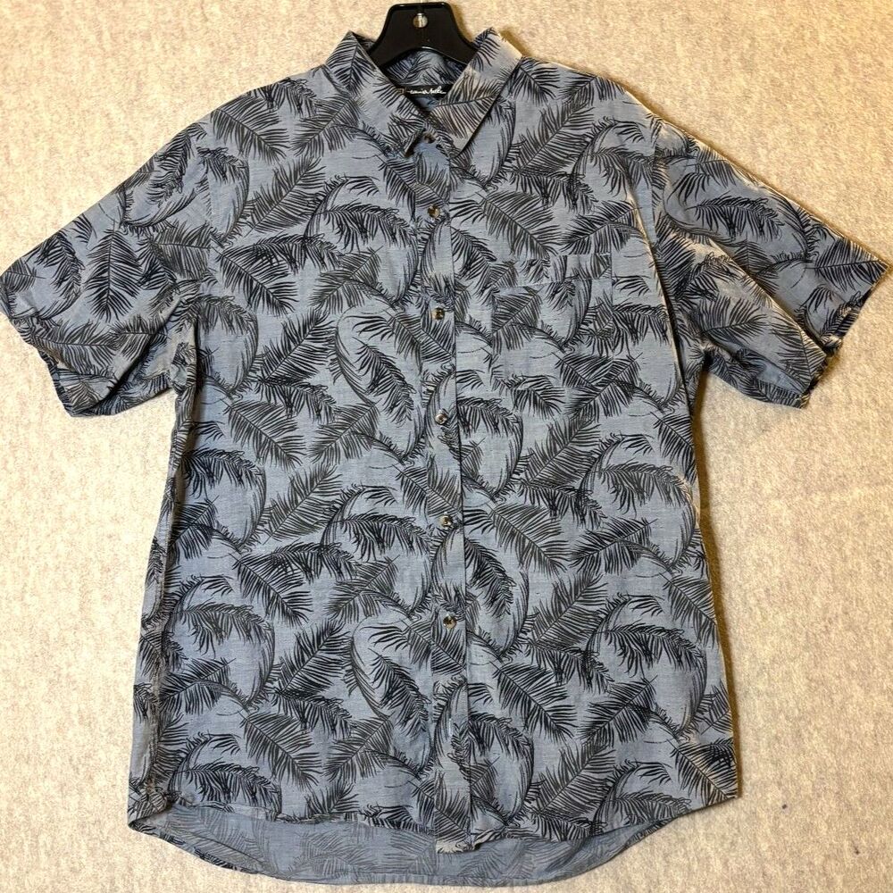 Travis Mathew Men’s L Tropical Palm Leaf Shirt Gray Short Sleeve Hawaiian Golf